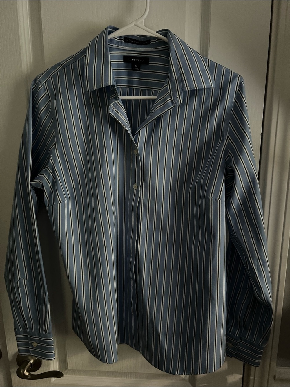 Lands' End Blue Stripe Women’s Button-Up Permanent Press Shirt